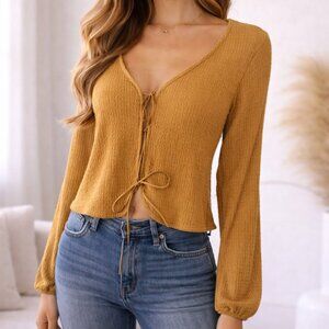 Sterling & Stitch Size S Mustard Lace Up Tie Front Long Sleeve Top